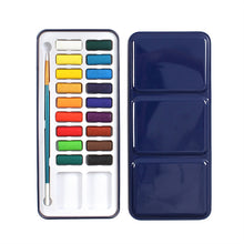 Load image into Gallery viewer, 24 Colors Tin Metal Box of Solid Watercolor Paint Set with Brush