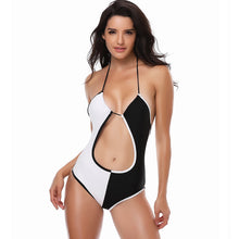 Load image into Gallery viewer, New Europe and the United States Siamese bikini sexy black and white hollow swimsuit halter nylon swimsuit