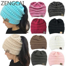 Load image into Gallery viewer, Solid Color CC Ponytail Beanie Hat Women Crochet Knit Cap Winter Skullies Beanies Warm Caps Female Knitted Stylish Hats