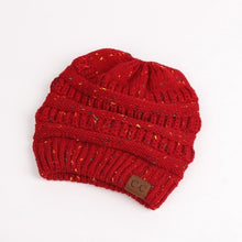 Load image into Gallery viewer, Solid Color CC Ponytail Beanie Hat Women Crochet Knit Cap Winter Skullies Beanies Warm Caps Female Knitted Stylish Hats
