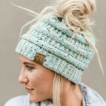 Load image into Gallery viewer, Solid Color CC Ponytail Beanie Hat Women Crochet Knit Cap Winter Skullies Beanies Warm Caps Female Knitted Stylish Hats