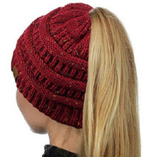 Load image into Gallery viewer, Solid Color CC Ponytail Beanie Hat Women Crochet Knit Cap Winter Skullies Beanies Warm Caps Female Knitted Stylish Hats